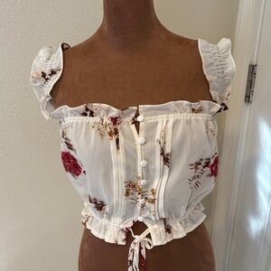 L'ATISTE White and Red Floral Crop Blouse